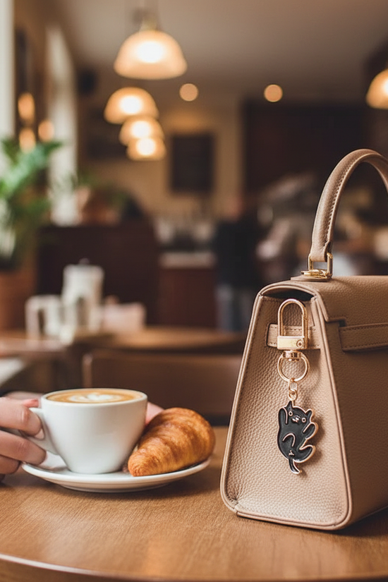 Keychain detail at café table