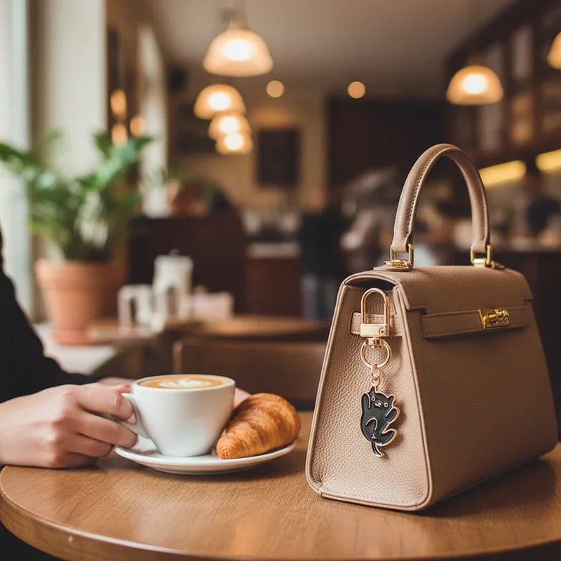 Keychain detail at café table