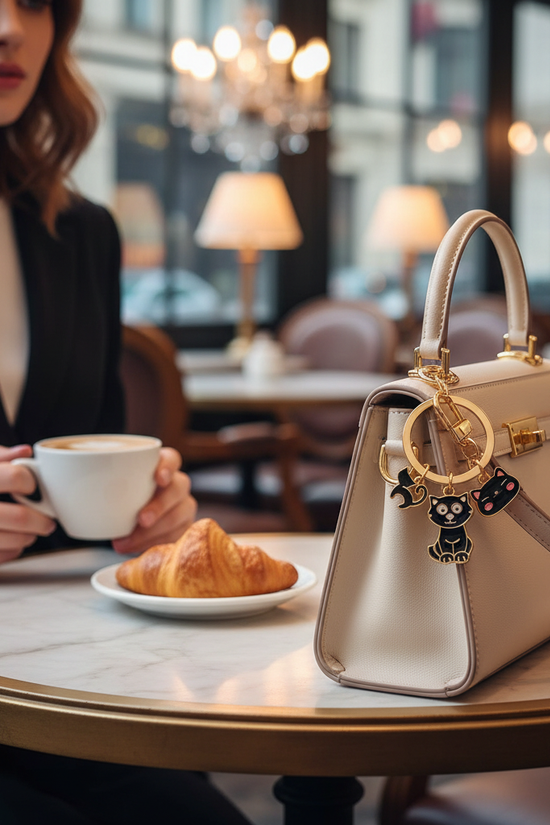 Keychain detail at café table