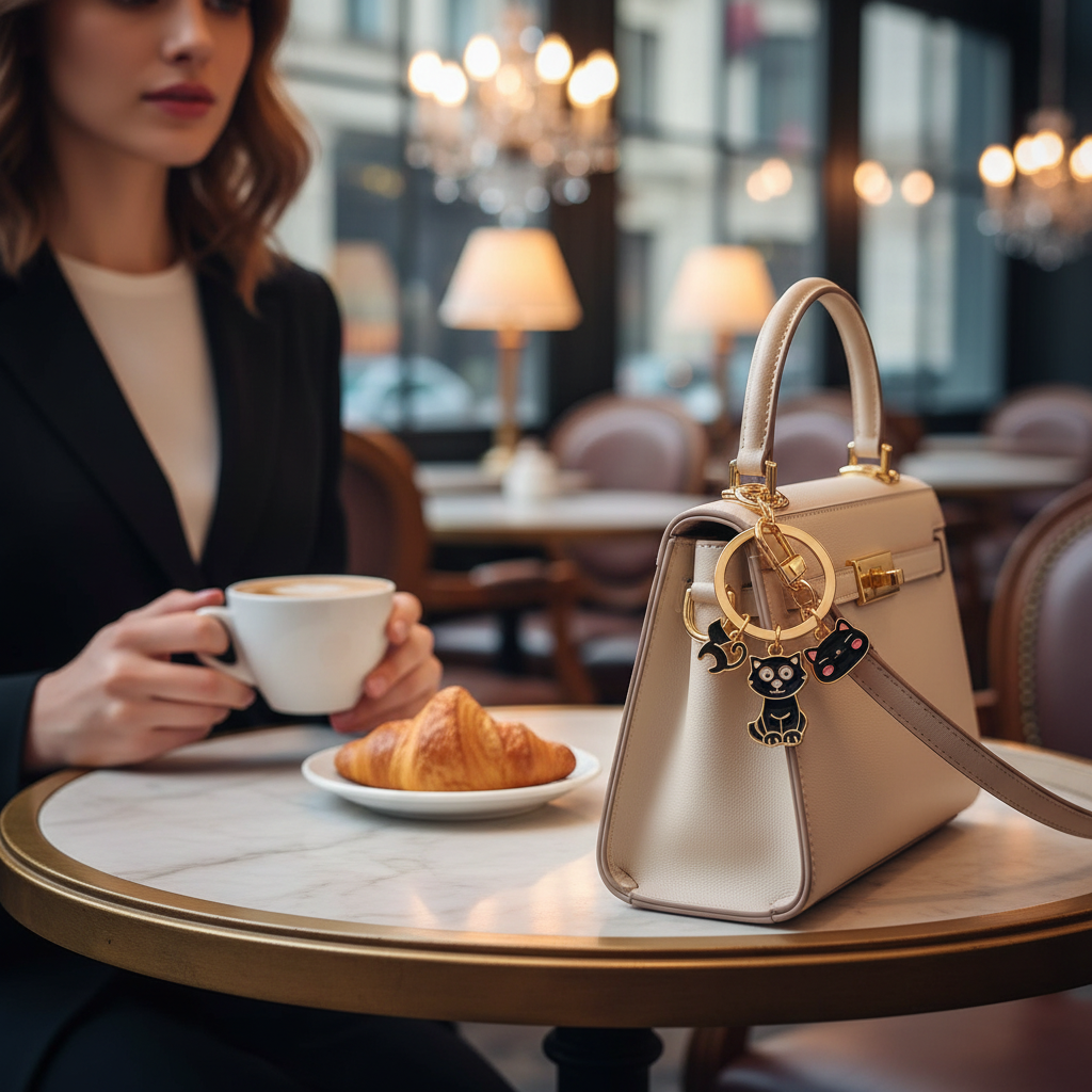 Keychain detail at café table