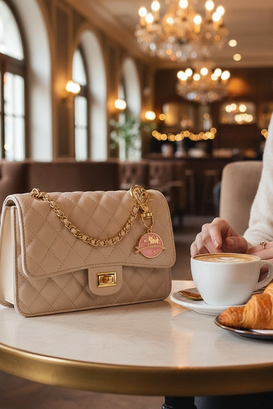 Keychain detail at café table