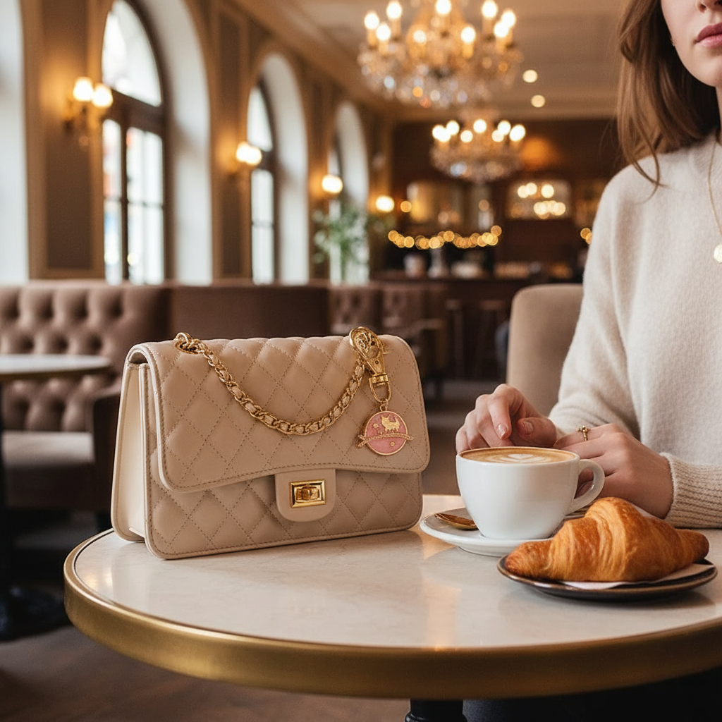 Keychain detail at café table