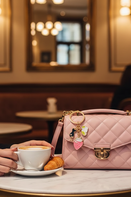 Keychain detail at café table