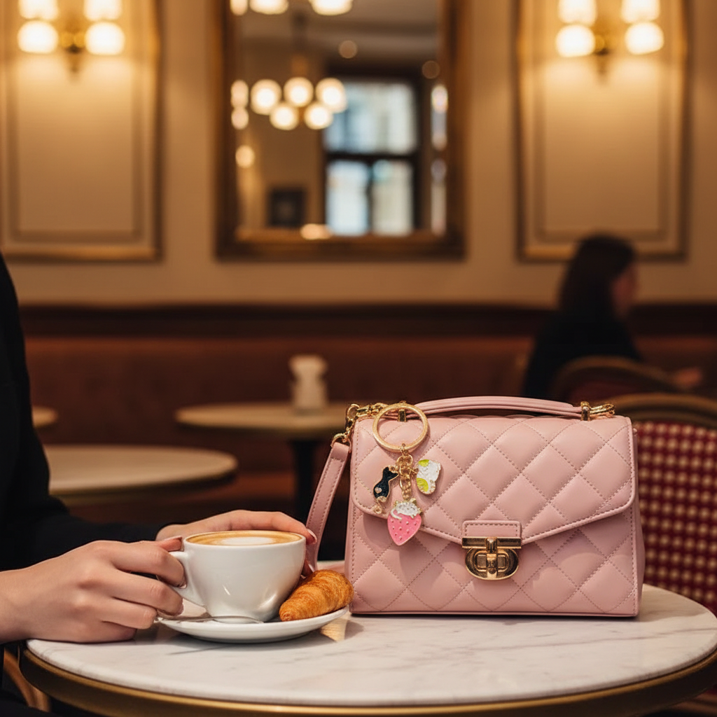 Keychain detail at café table