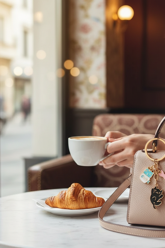 Keychain detail at café table