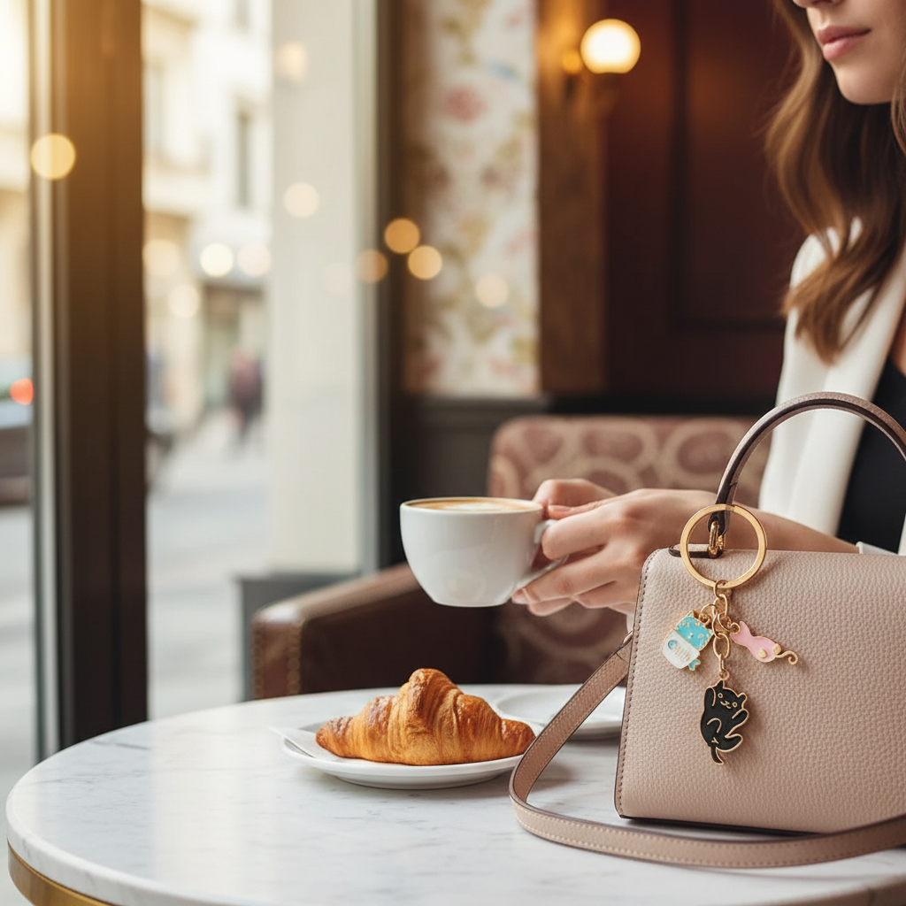 Keychain detail at café table