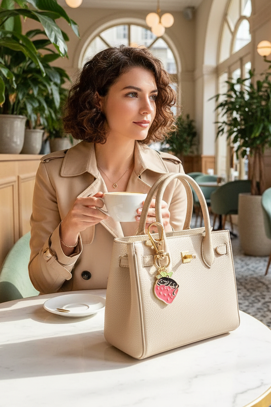 Keychain on bag at marble table