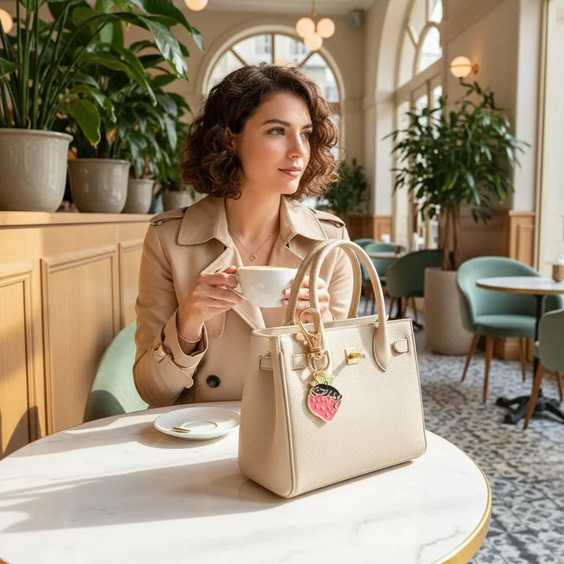 Keychain on bag at marble table