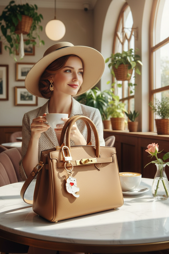 Keychain on bag at marble table