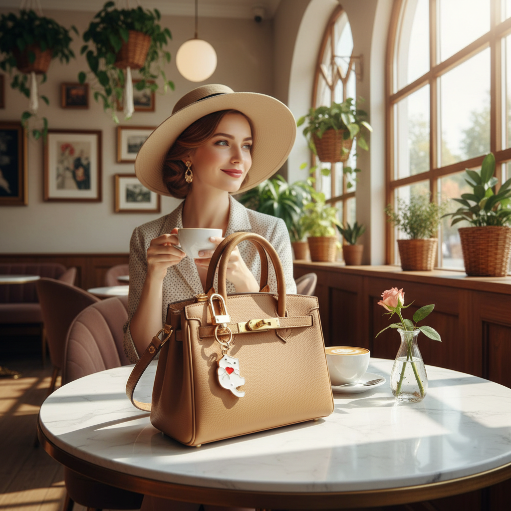 Keychain on bag at marble table