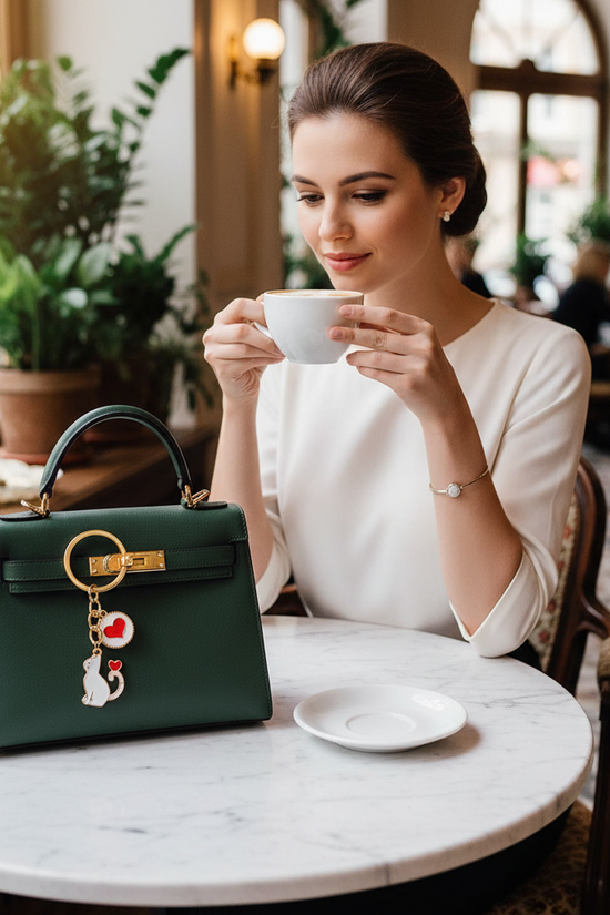 Keychain on bag at marble table