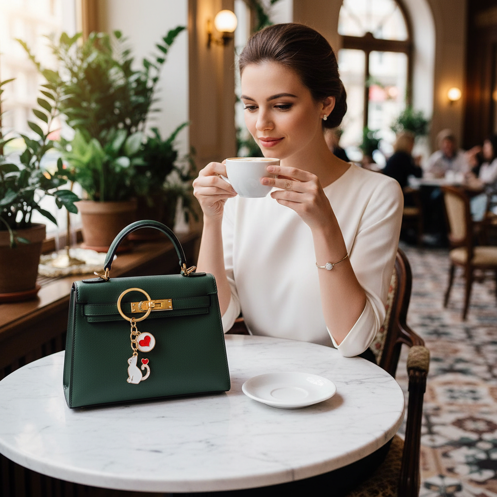 Keychain on bag at marble table
