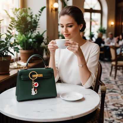 Keychain on bag at marble table
