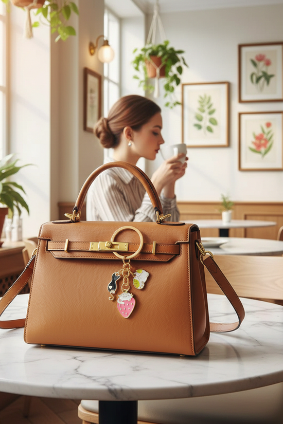 Keychain on bag at marble table