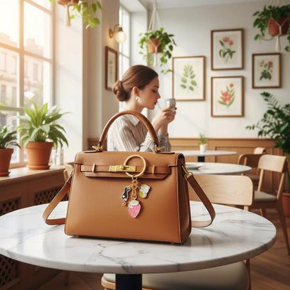Keychain on bag at marble table