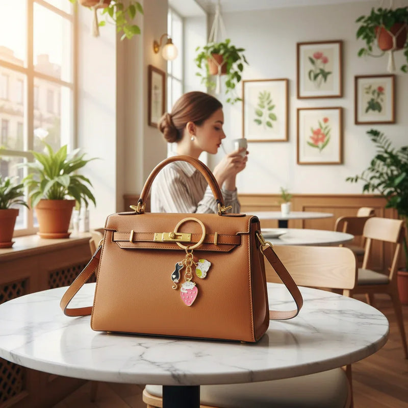 Keychain on bag at marble table