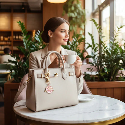 Keychain on bag at marble table