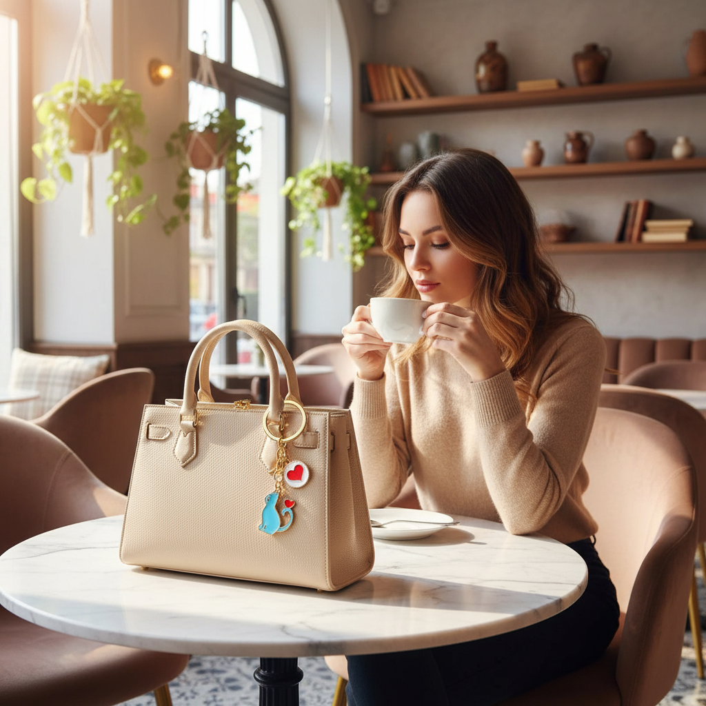 Keychain on bag at marble table
