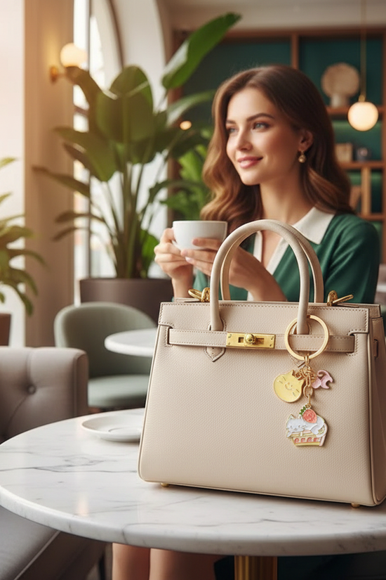 Keychain on bag at marble table