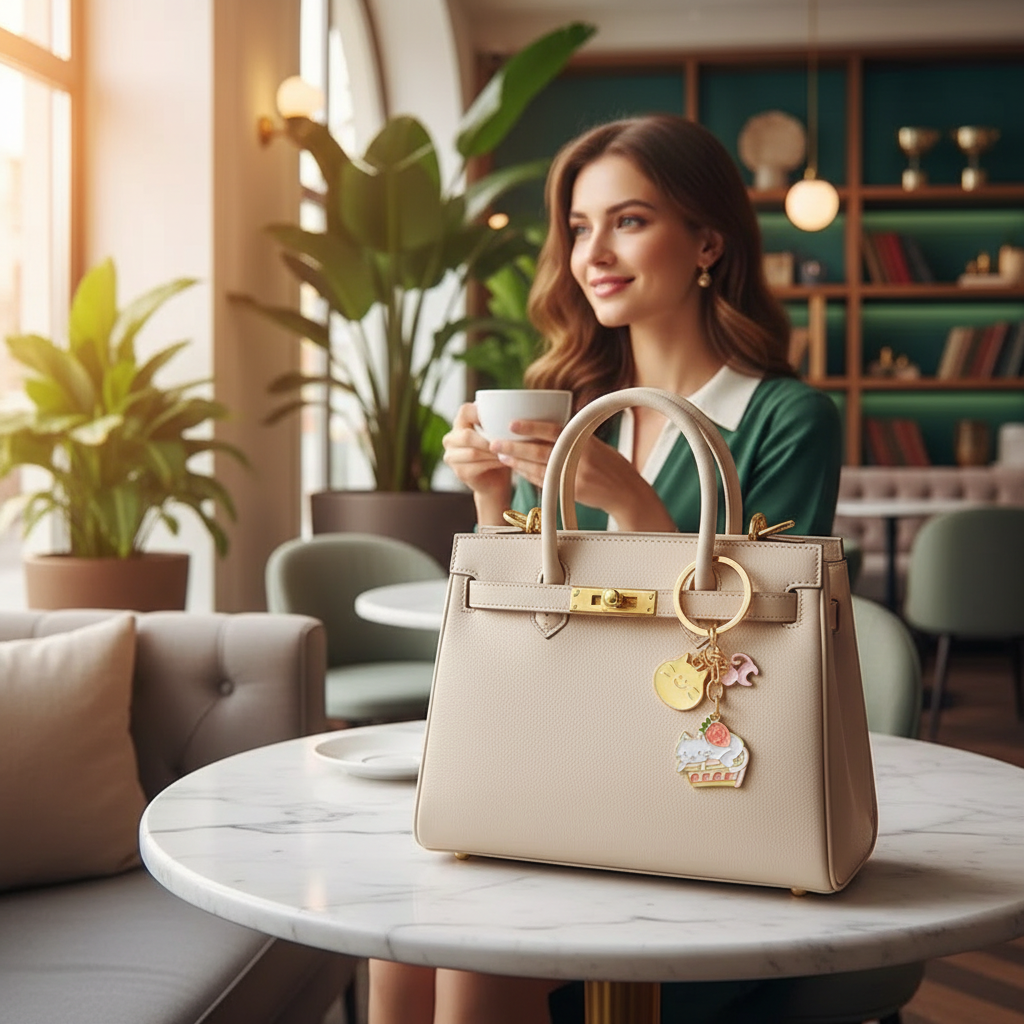Keychain on bag at marble table