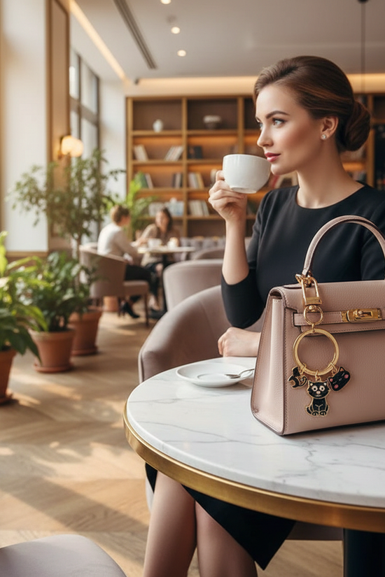 Keychain on bag at marble table
