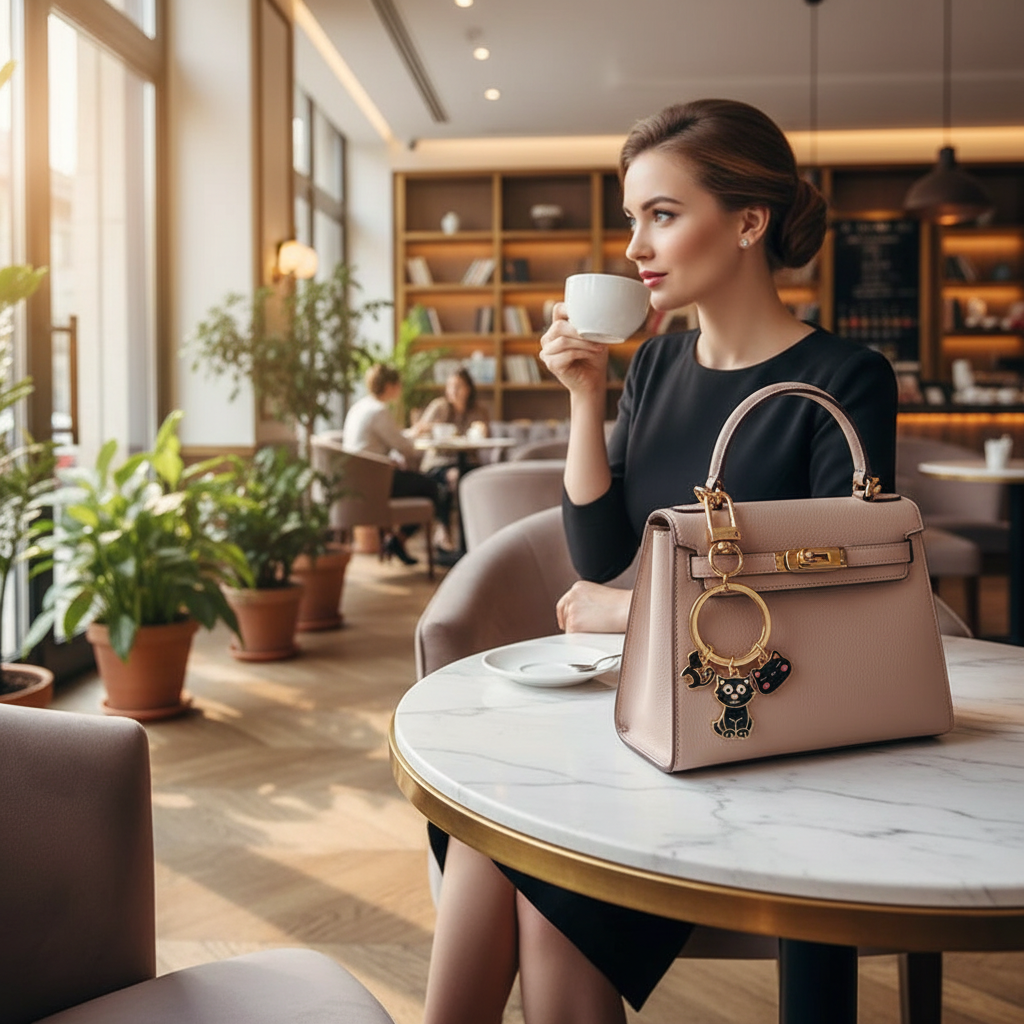 Keychain on bag at marble table