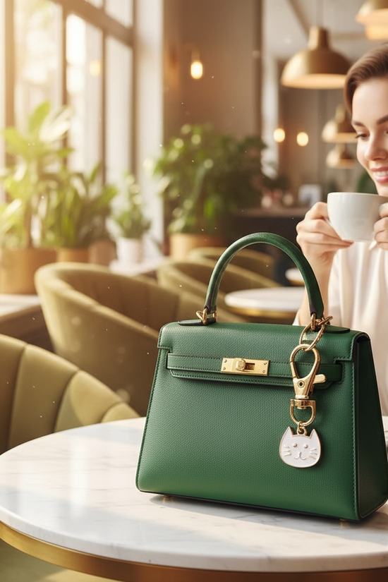 Keychain on bag at marble table