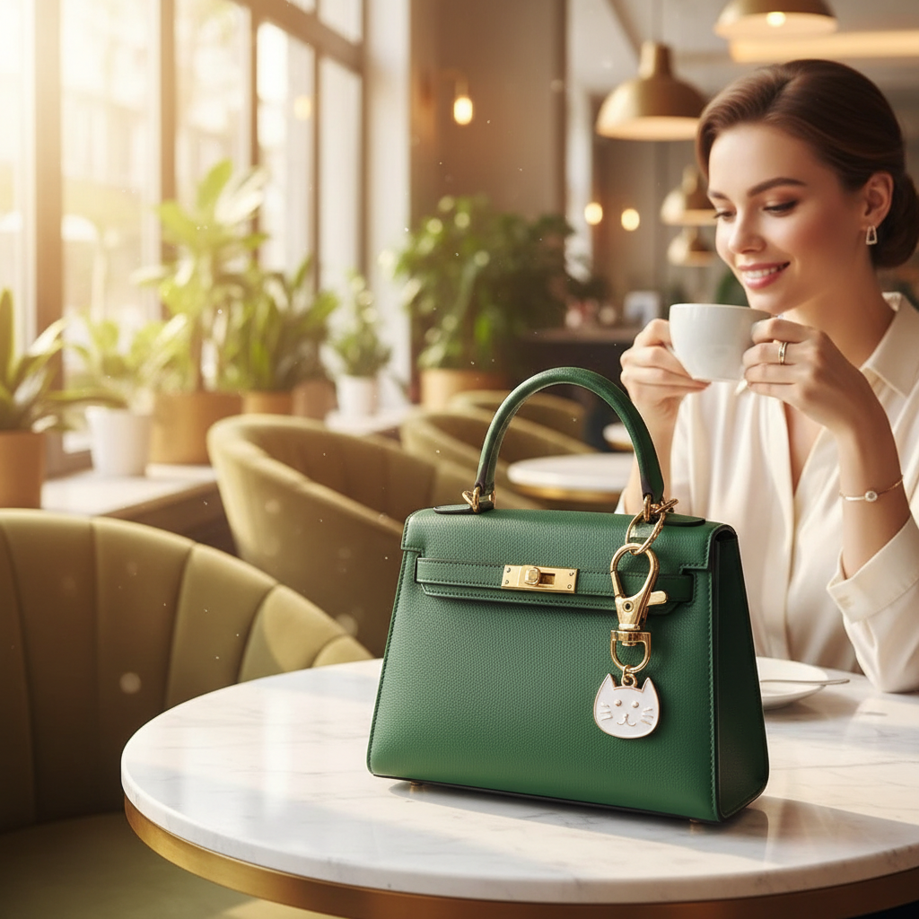 Keychain on bag at marble table