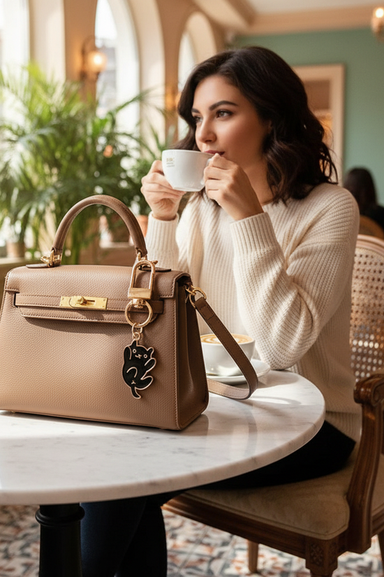 Keychain on bag at marble table