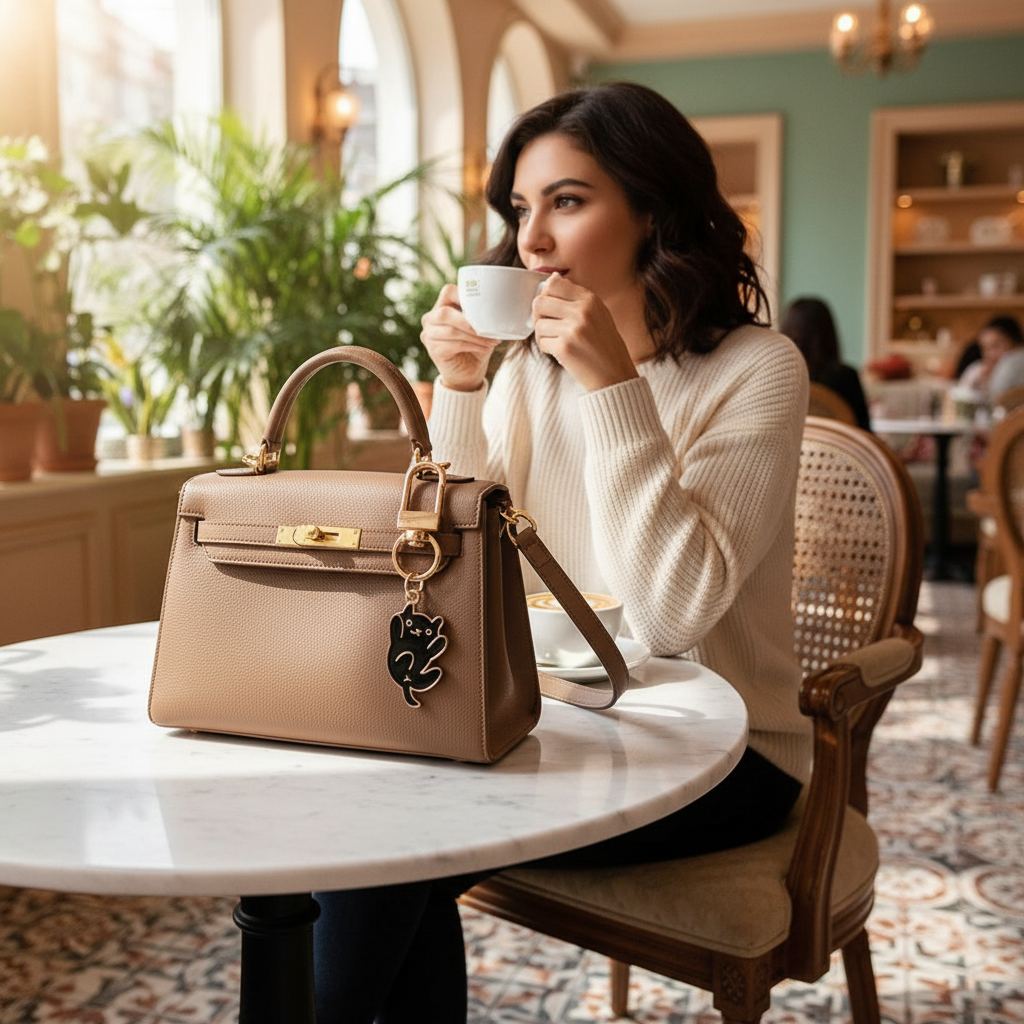 Keychain on bag at marble table