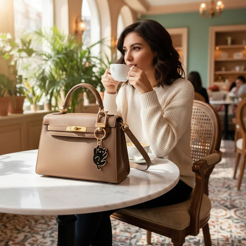 Keychain on bag at marble table
