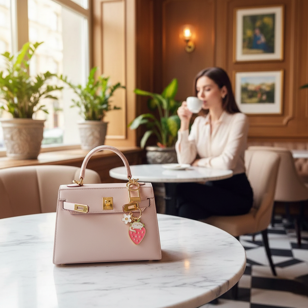 Keychain on bag at marble table