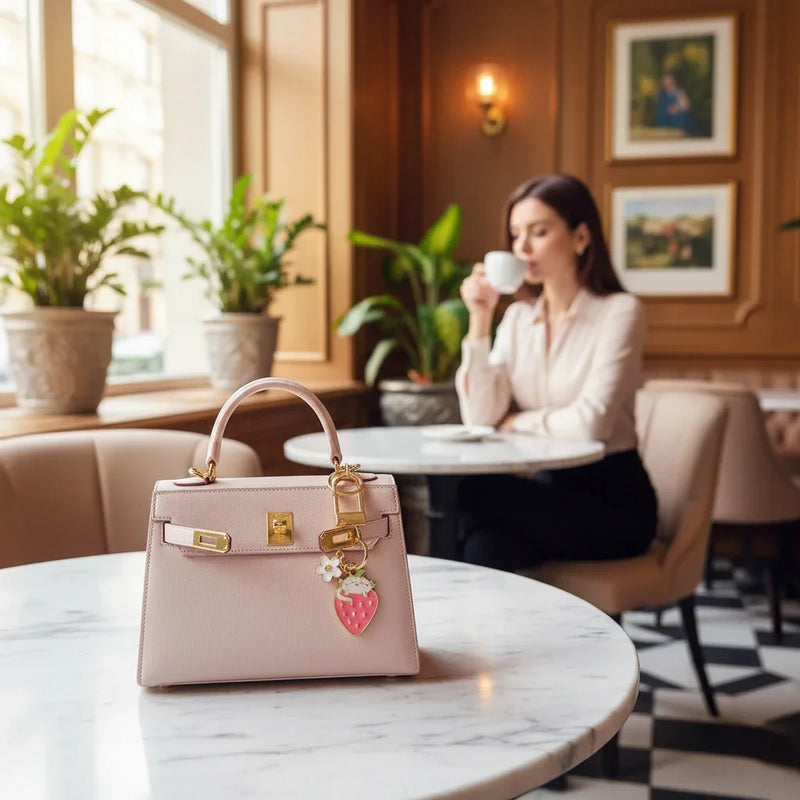 Keychain on bag at marble table