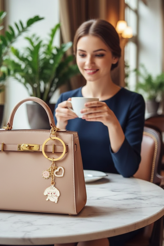 Keychain on bag at marble table