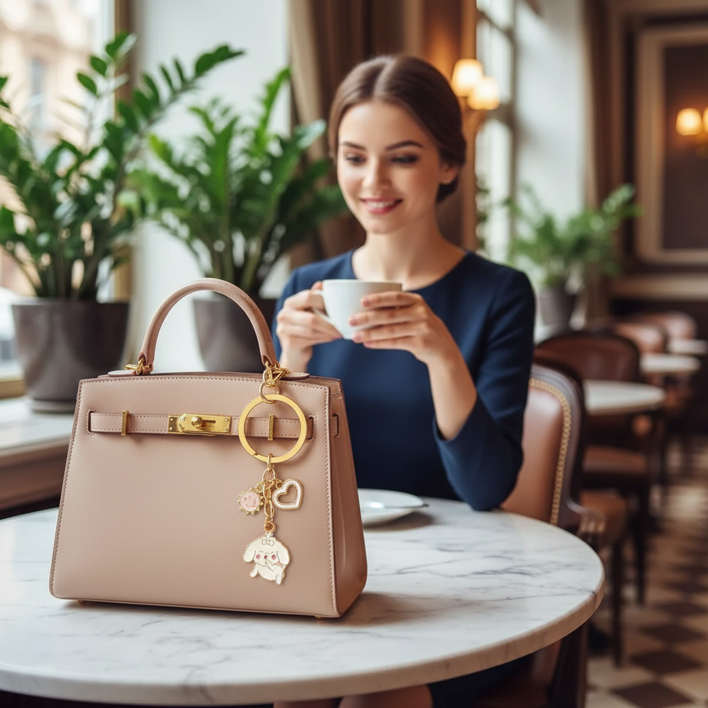 Keychain on bag at marble table