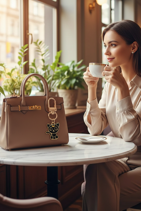 Keychain on bag at marble table