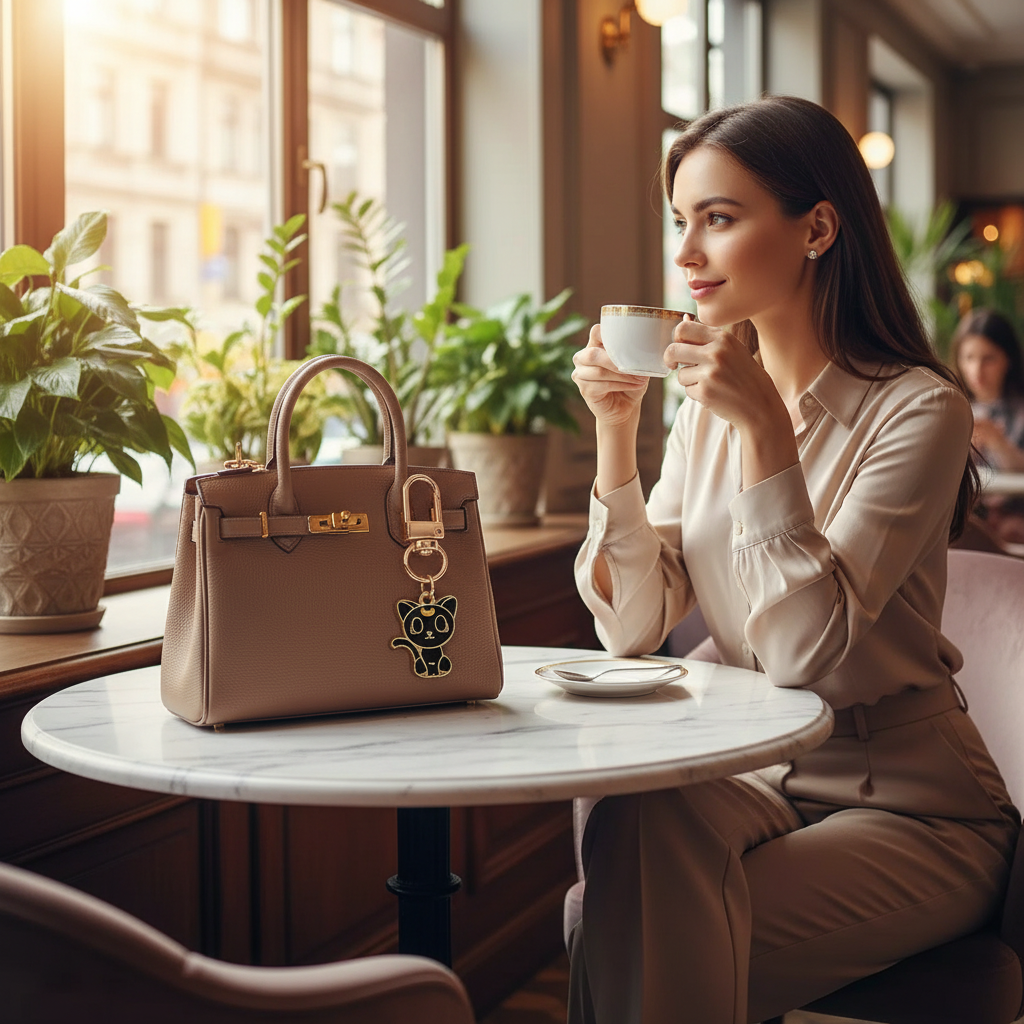 Keychain on bag at marble table