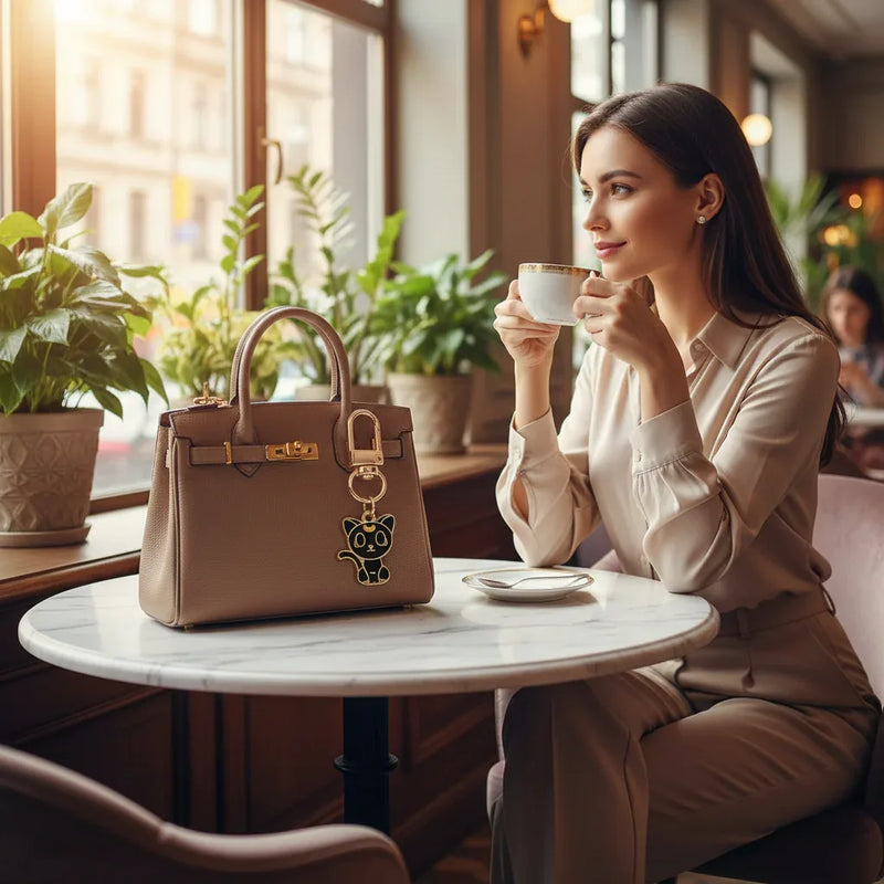 Keychain on bag at marble table
