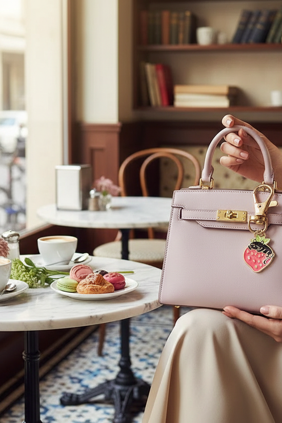 Keychain on bag in café