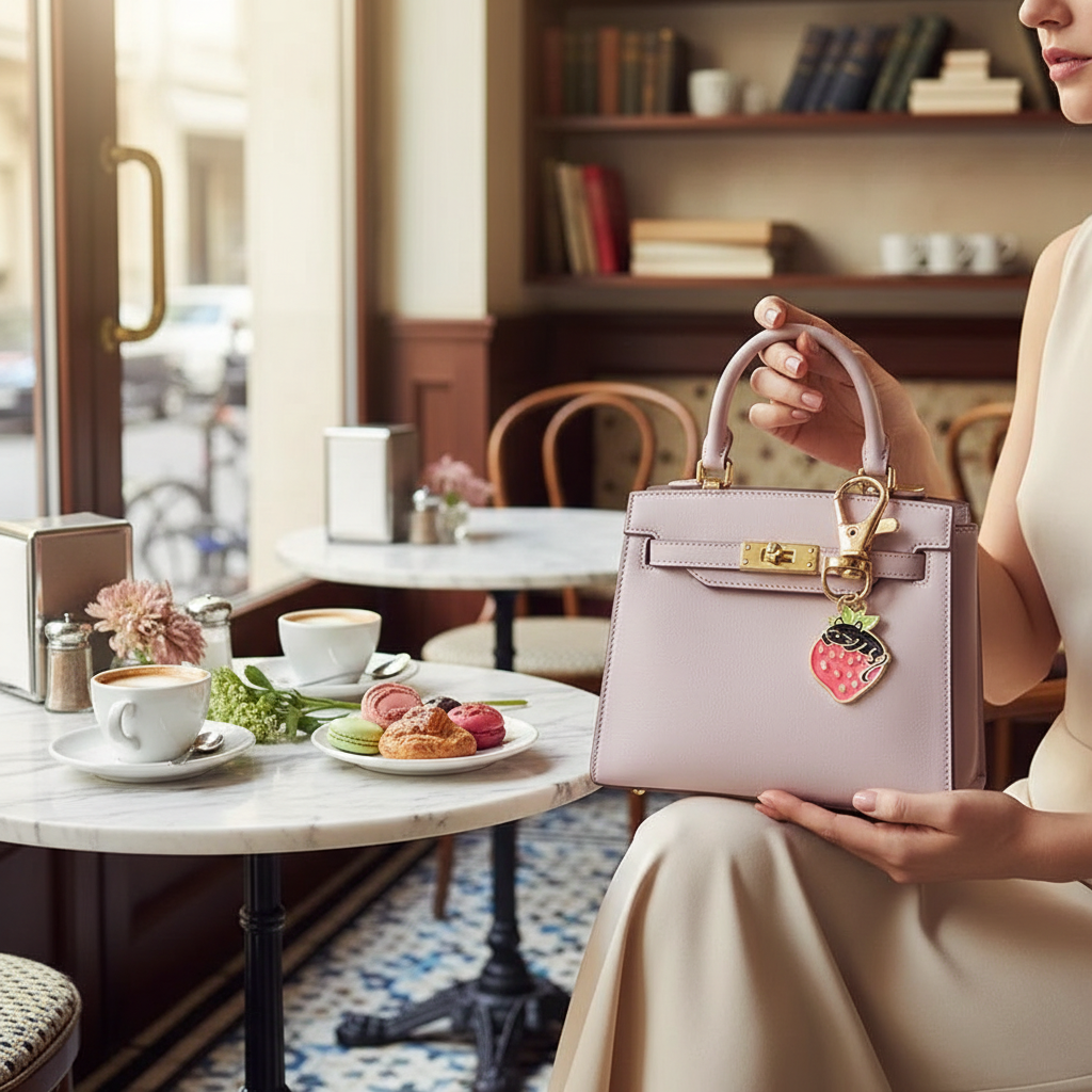 Keychain on bag in café