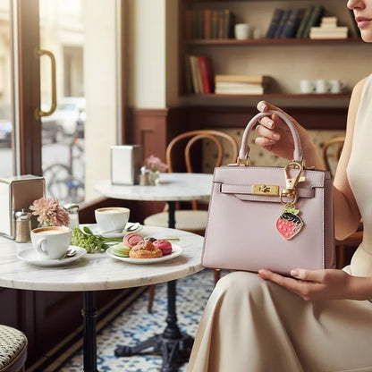 Keychain on bag in café