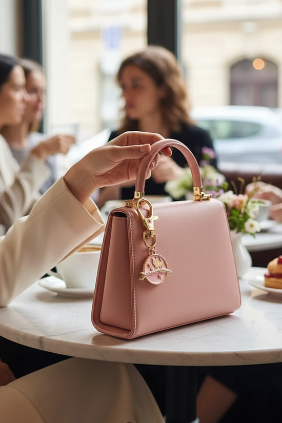 Keychain on bag in café