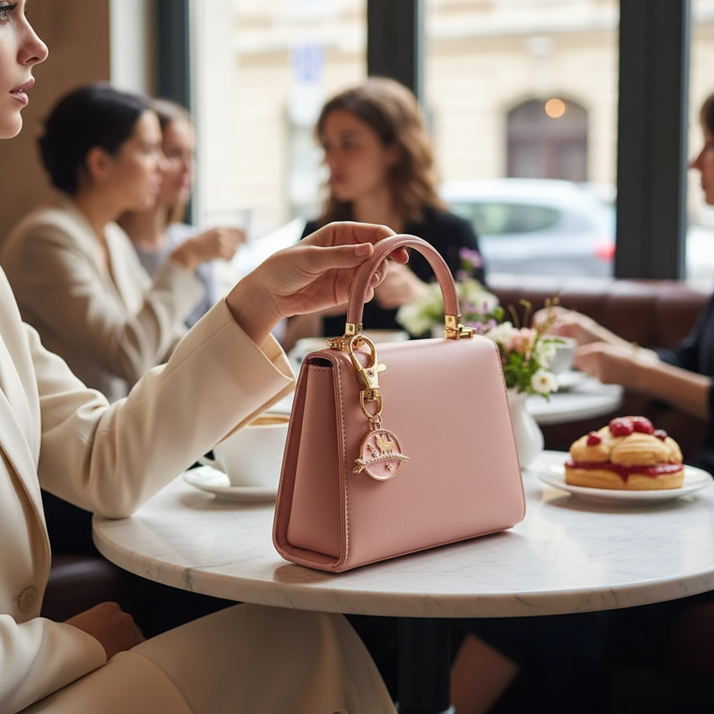 Keychain on bag in café