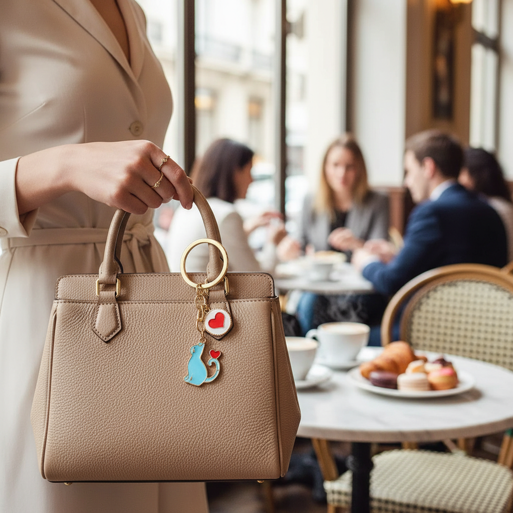 Keychain on bag in café
