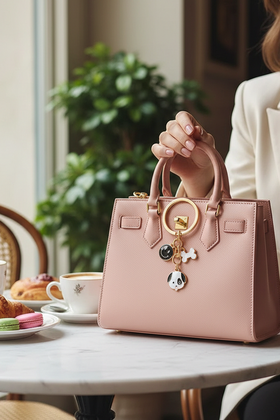 Keychain on bag in café