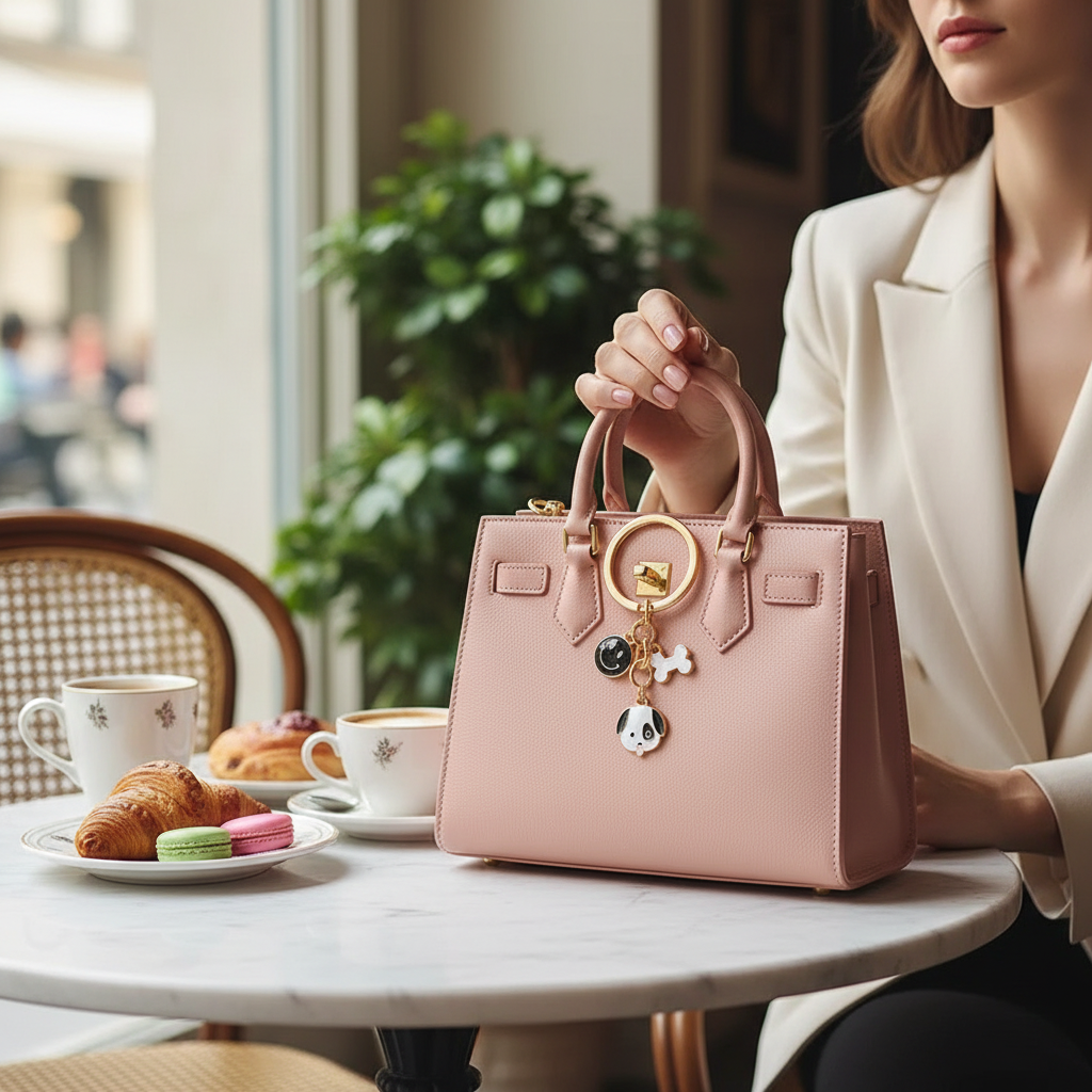 Keychain on bag in café