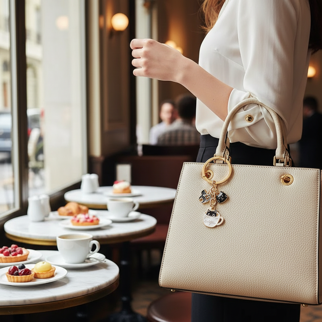 Keychain on bag in café