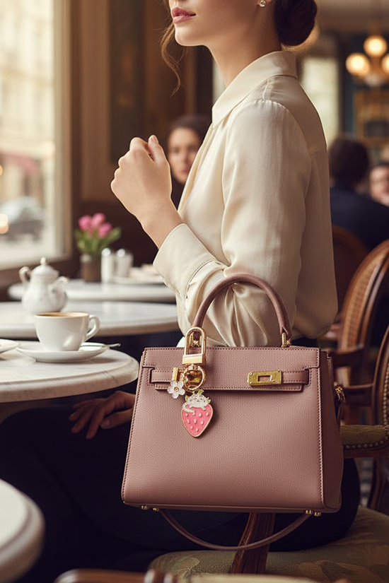 Keychain on bag in café