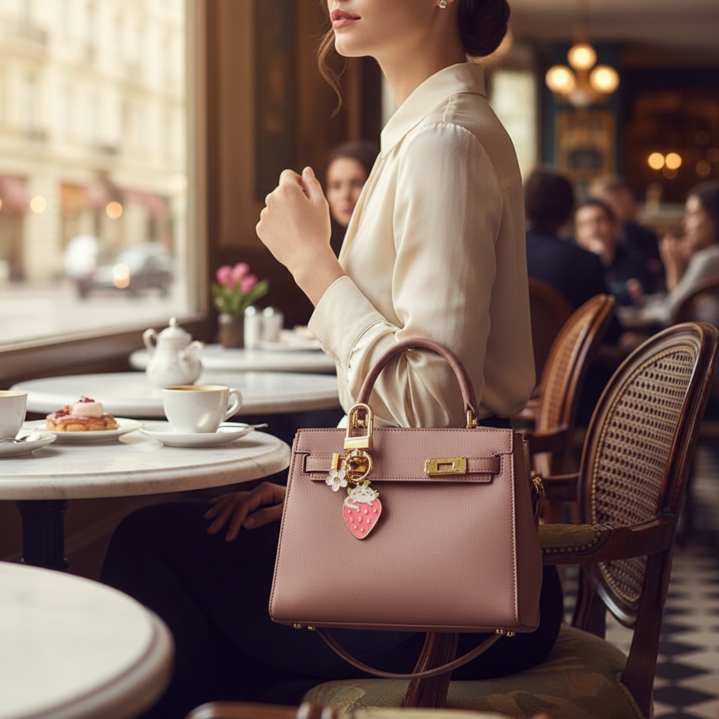 Keychain on bag in café