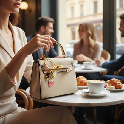 Keychain on bag in café